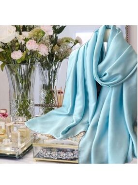 Light Blue 100% SILK SATIN Large Shawl Cover Up Evening Wrap Wedding Scarf Gift
